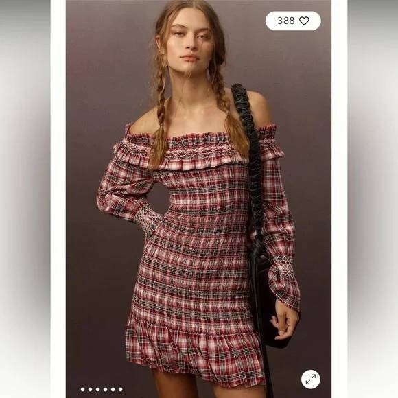 Pilcro and the Letterpress Dresses & Skirts - Pilcro Anthropologie Plaid Smocked Mini Dress Red Blue Off Shoulder Sz S Prarie